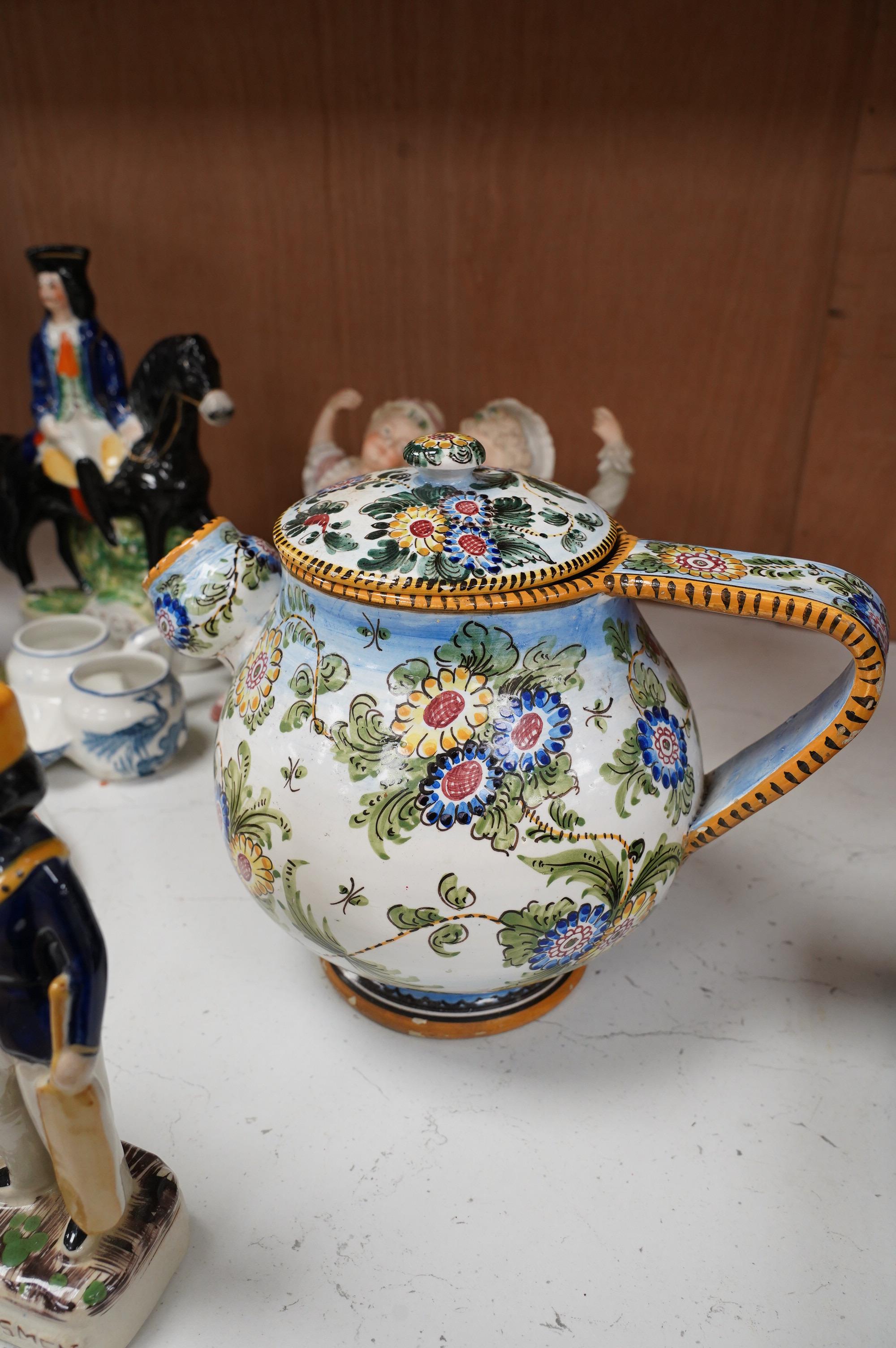 Miscellaneous ceramic ornaments including a continental majolica pot, Staffordshire, etc. Condition - varies